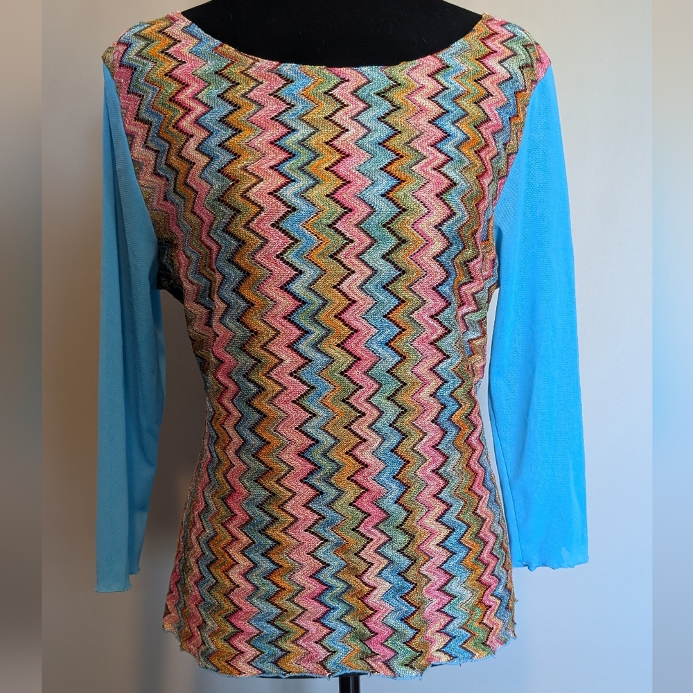 Rainbow Vibrant Zigzag Blouse with Sky Blue Sleeves